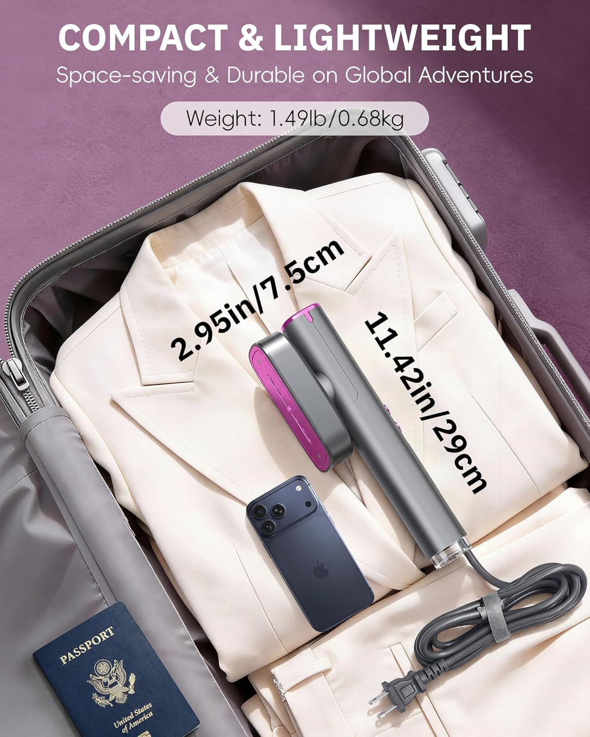 Steamer for Clothes, 110-240V Travel Steamer & Iron 2 in 1, 1000W Powerful Steam, Portable Handheld Garment Wrinkle Remover, 30S Fast Heat-Up with Dry & 2-Steam Control, for Global & Europe